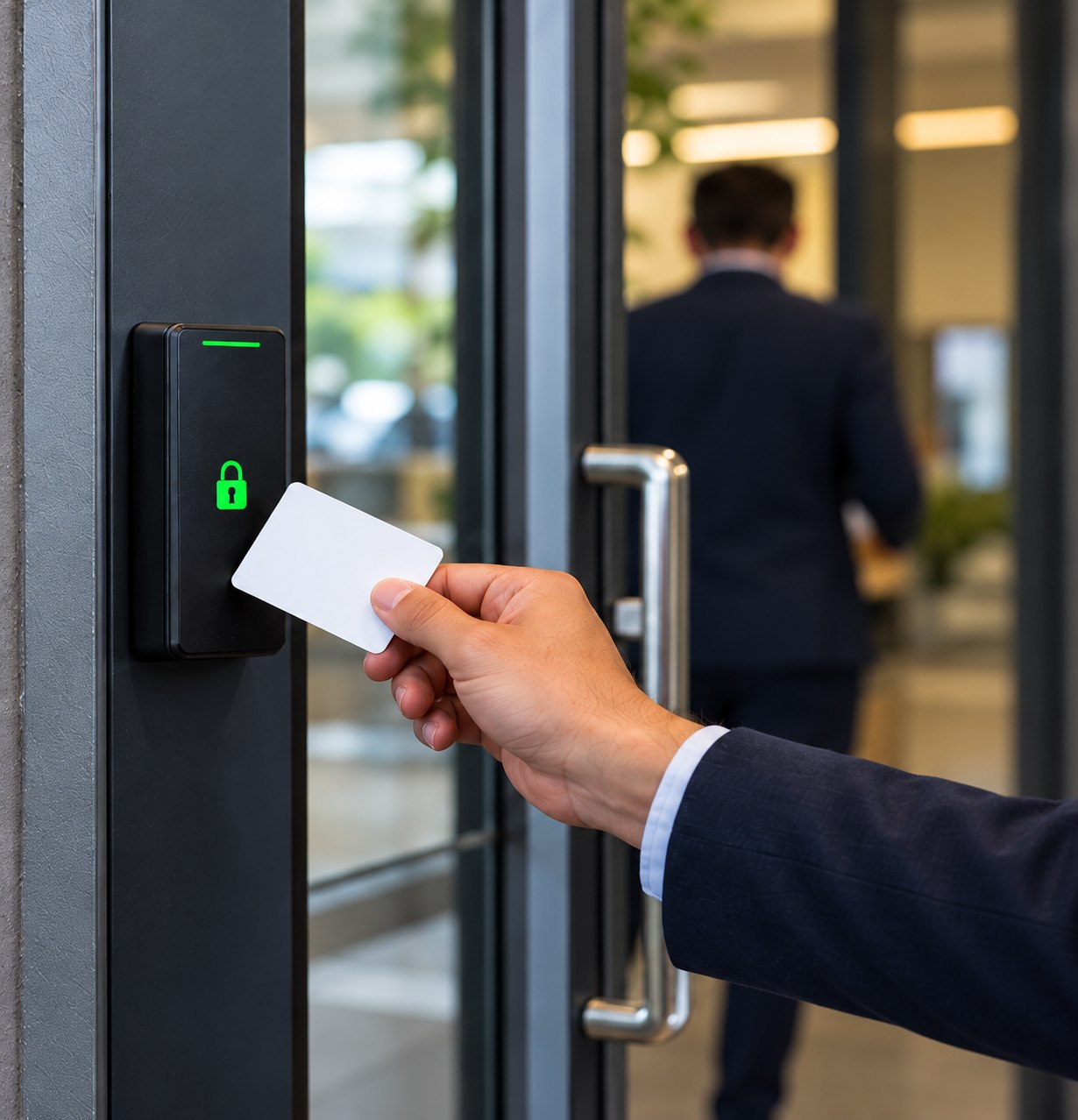 Employee presenting an access card to a door reader