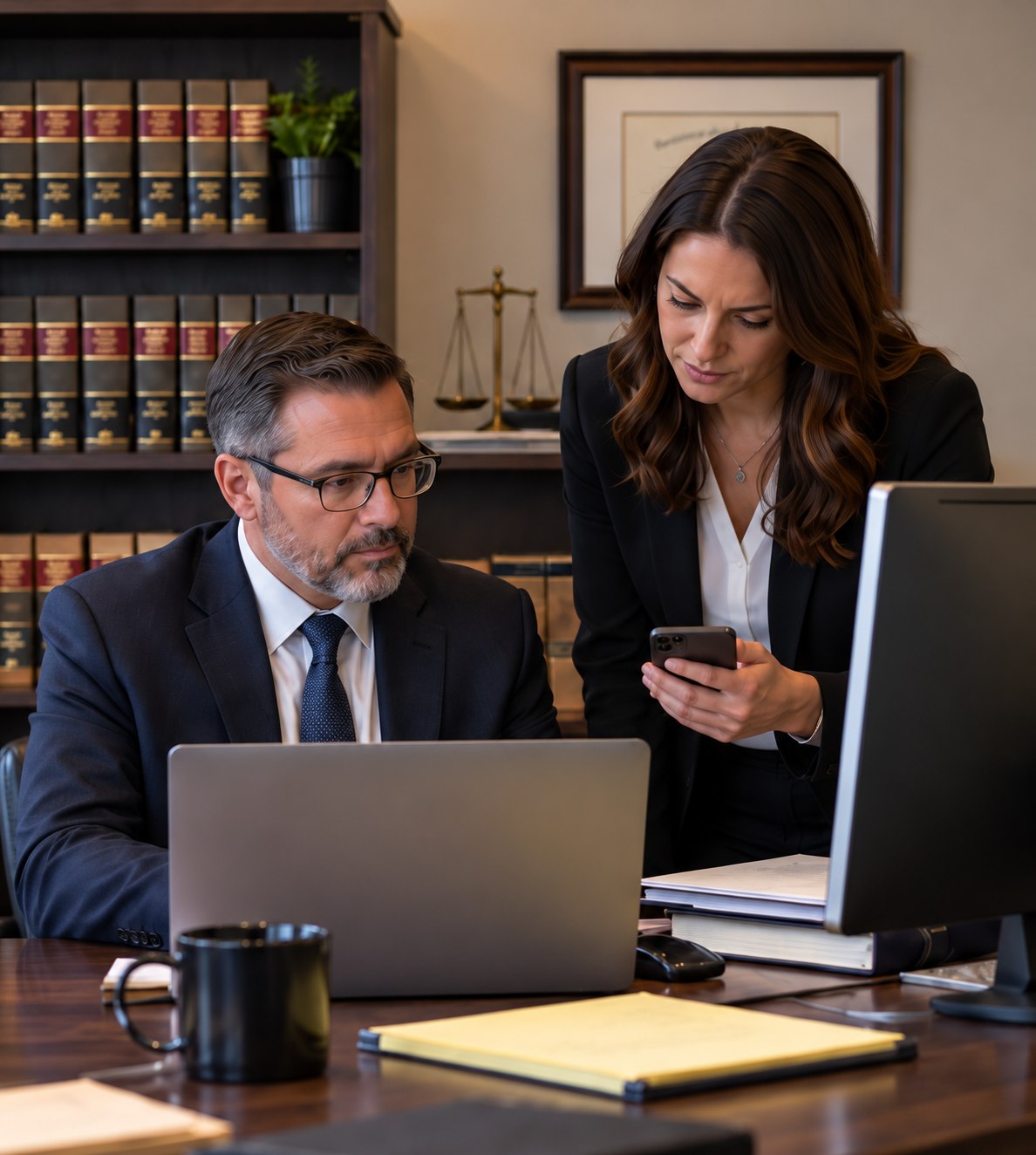 Law firm staff working with a laptop, monitor and smartphone