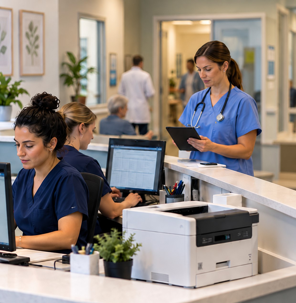 Medical office staff using computers, a tablet and an office printer