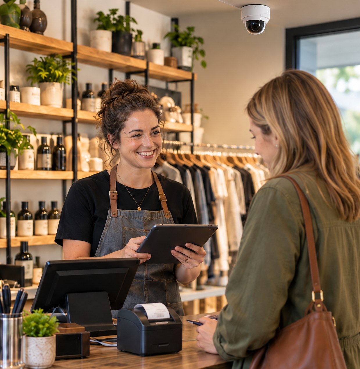 Retail staff using a tablet and point-of-sale equipment beneath a security camera