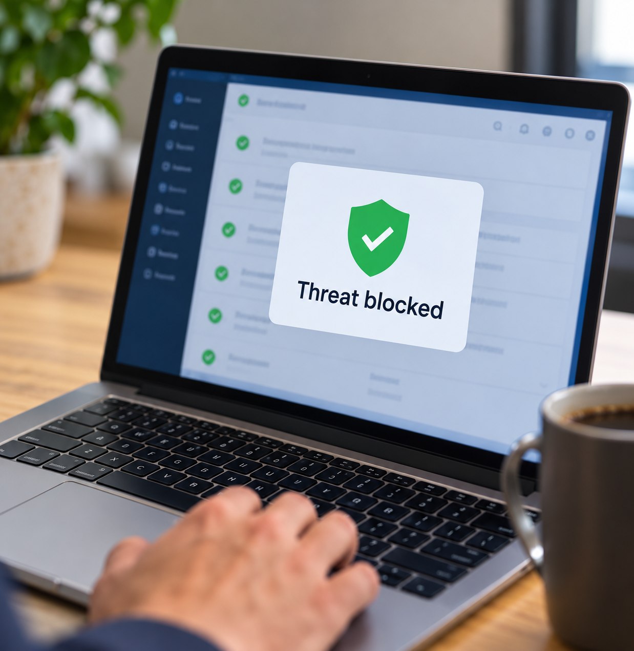 Laptop displaying a blocked-threat notification